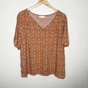 Croft And Barrow Orange Floral Rayon Top Womens 2X V-neck Boho Earth Tone Shirt